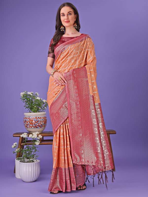 Astita Vibrant Orange & Red Lichi Silk Saree with Rich Woven Border and Contrast Blouse - Festive & Wedding Wear - Distacart