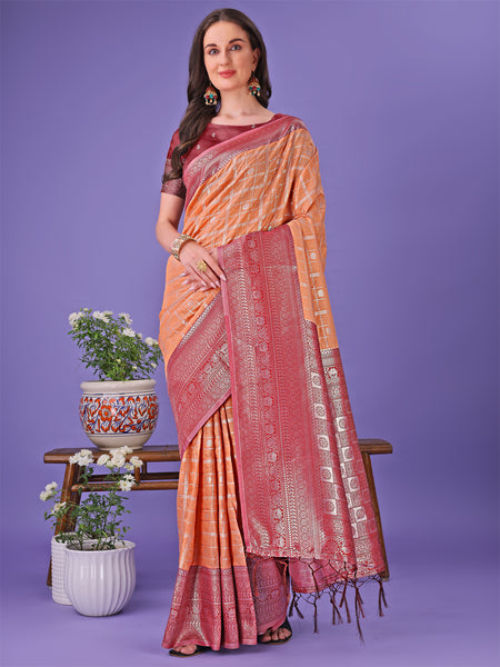 Astita Vibrant Orange & Red Lichi Silk Saree with Rich Woven Border and Contrast Blouse - Festive & Wedding Wear - Distacart