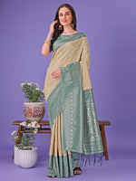 Thumbnail for Astita Vibrant Cream & Green Lichi Silk Saree with Rich Woven Border and Contrast Blouse - Festive & Wedding Wear - Distacart
