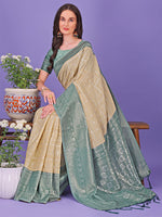 Thumbnail for Astita Vibrant Cream & Green Lichi Silk Saree with Rich Woven Border and Contrast Blouse - Festive & Wedding Wear - Distacart