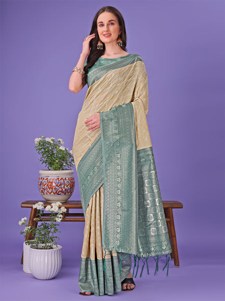 Astita Vibrant Cream & Green Lichi Silk Saree with Rich Woven Border and Contrast Blouse - Festive & Wedding Wear - Distacart