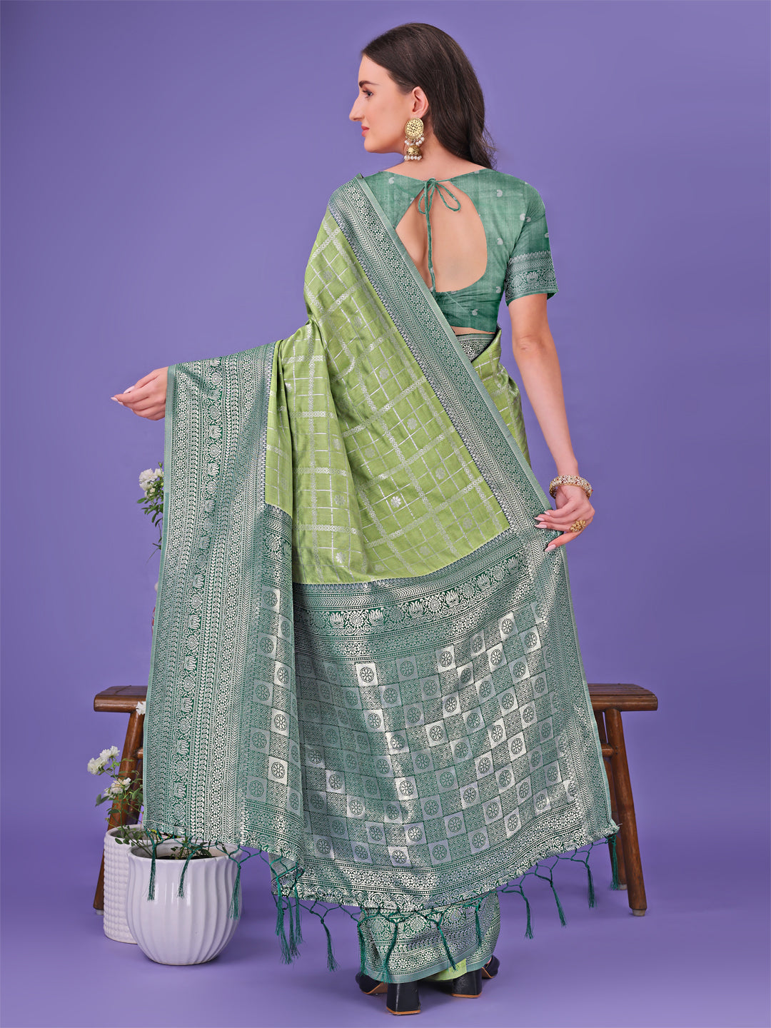 Astita Vibrant Light Green & Dark Green Lichi Silk Saree with Rich Woven Border and Contrast Blouse - Festive & Wedding Wear - Distacart