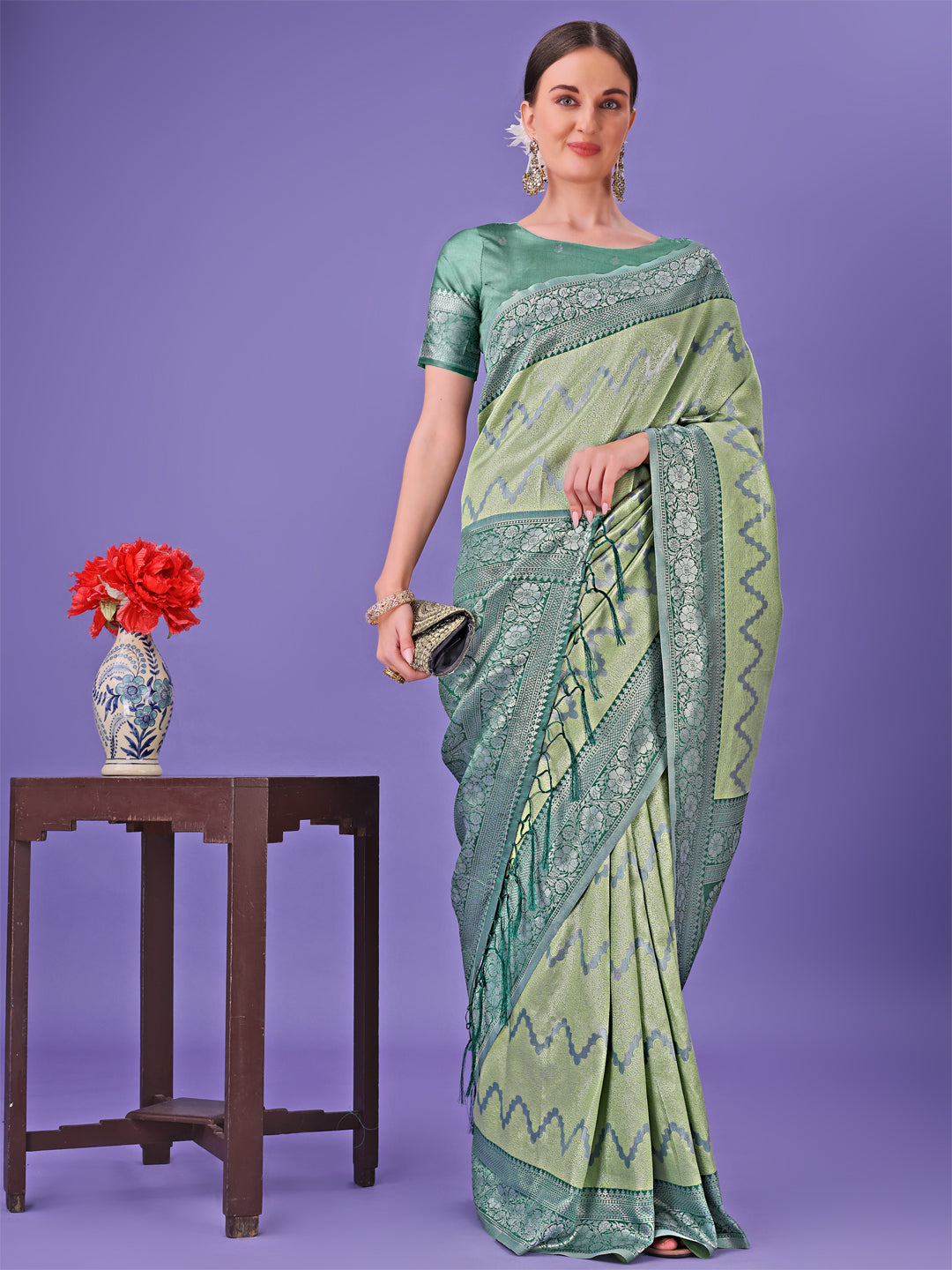 Astita Light Green & Green Lichi Silk Saree with Rich Woven Border and Zigzag Pattern - Wedding & Festive Wear - Distacart