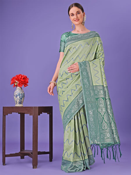 Astita Light Green & Green Lichi Silk Saree with Rich Woven Border and Zigzag Pattern - Wedding & Festive Wear - Distacart