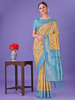 Thumbnail for Astita Yellow & Sky Blue Lichi Silk Saree with Rich Woven Border and Zigzag Pattern - Wedding & Festive Wear - Distacart
