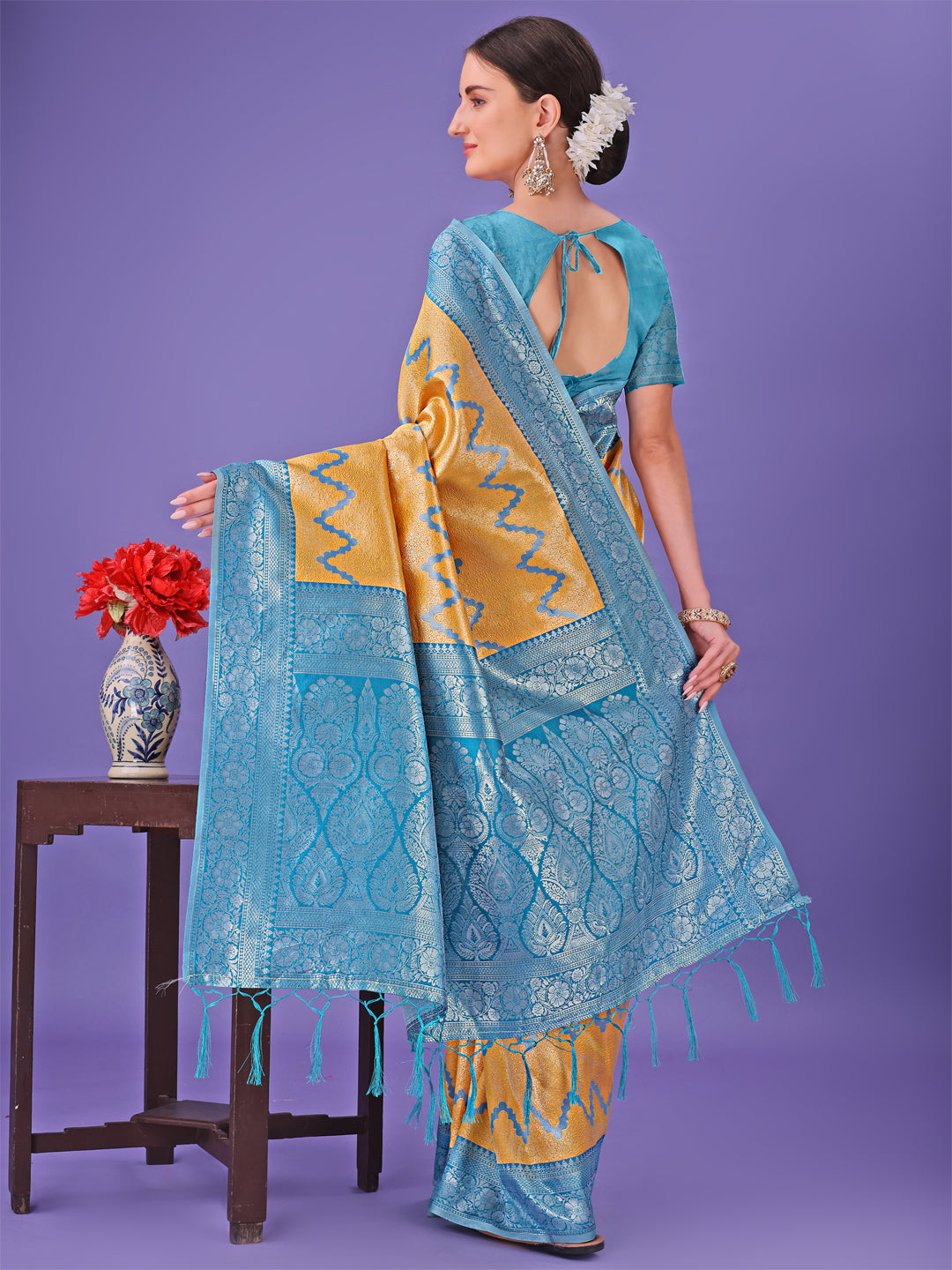 Astita Yellow & Sky Blue Lichi Silk Saree with Rich Woven Border and Zigzag Pattern - Wedding & Festive Wear - Distacart