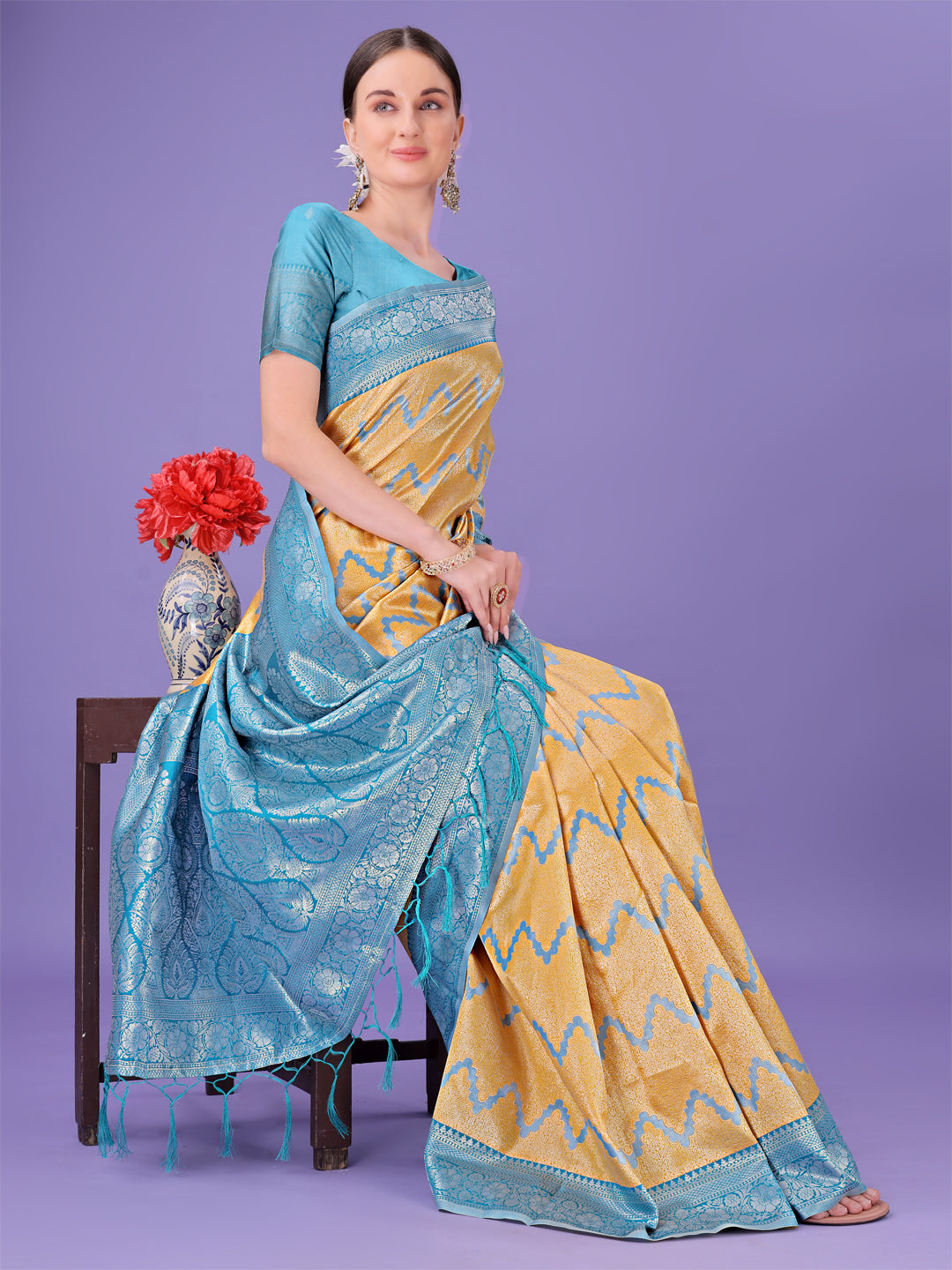 Astita Yellow & Sky Blue Lichi Silk Saree with Rich Woven Border and Zigzag Pattern - Wedding & Festive Wear - Distacart