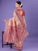 Thumbnail for Astita Peach & Red Lichi Silk Saree with Rich Woven Border and Zigzag Pattern - Wedding & Festive Wear - Distacart