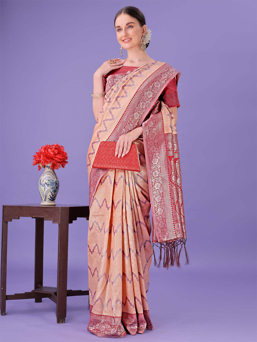 Astita Peach & Red Lichi Silk Saree with Rich Woven Border and Zigzag Pattern - Wedding & Festive Wear - Distacart