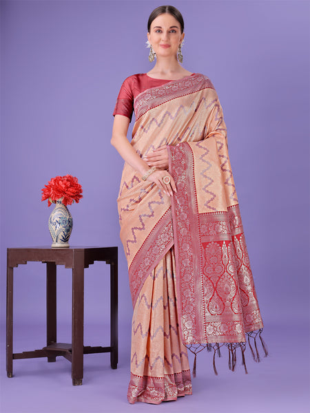 Astita Peach & Red Lichi Silk Saree with Rich Woven Border and Zigzag Pattern - Wedding & Festive Wear - Distacart