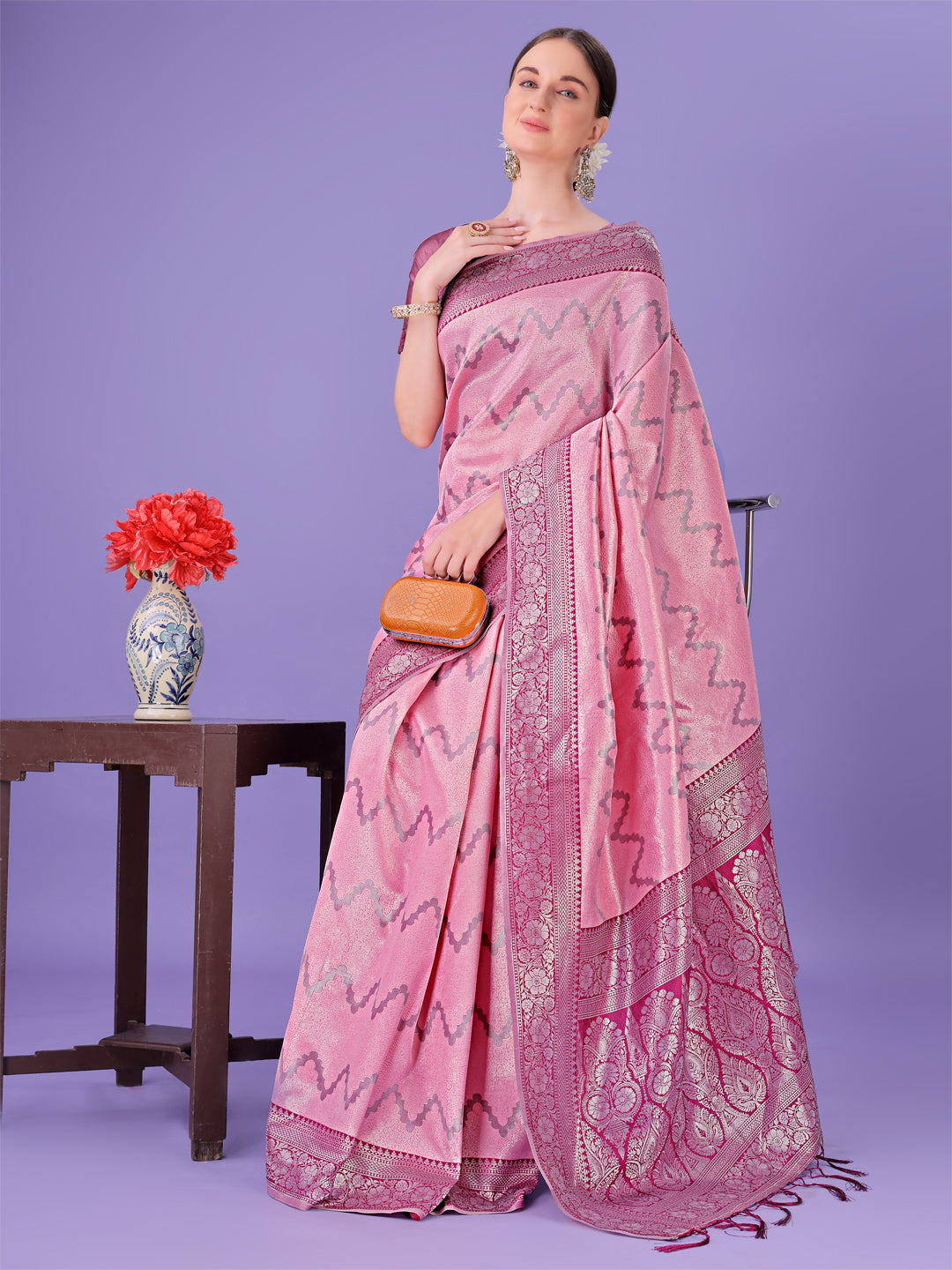 Astita Light Pink & Magenta Lichi Silk Saree with Rich Woven Border and Zigzag Pattern - Wedding & Festive Wear - Distacart
