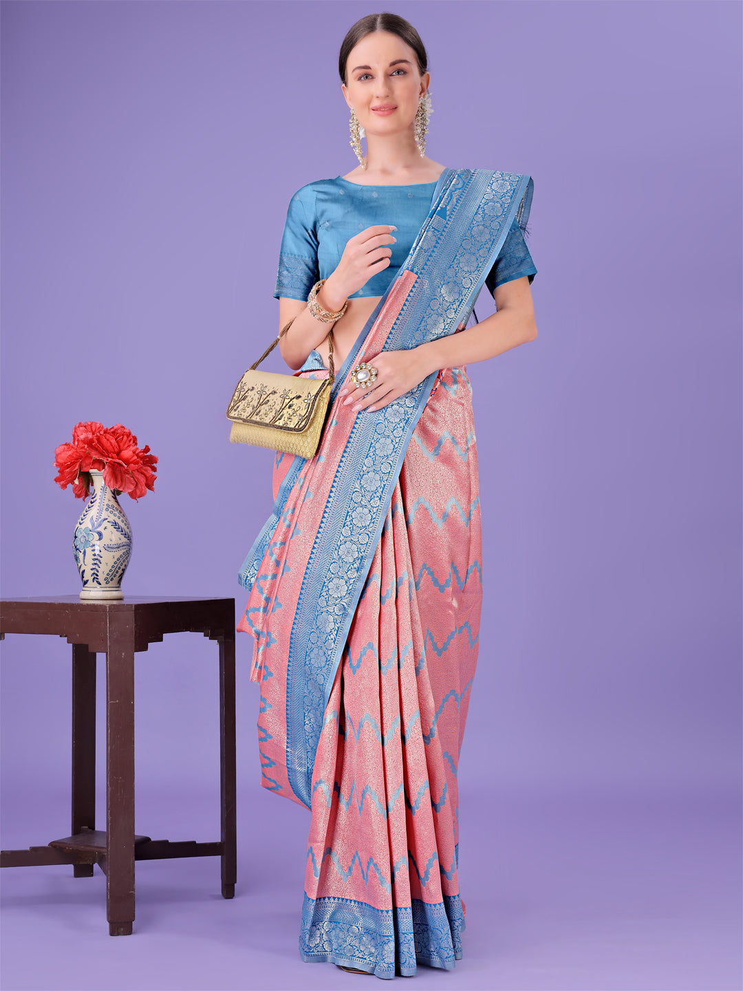 Astita Peach & Blue Lichi Silk Saree with Rich Woven Border and Zigzag Pattern - Wedding & Festive Wear - Distacart