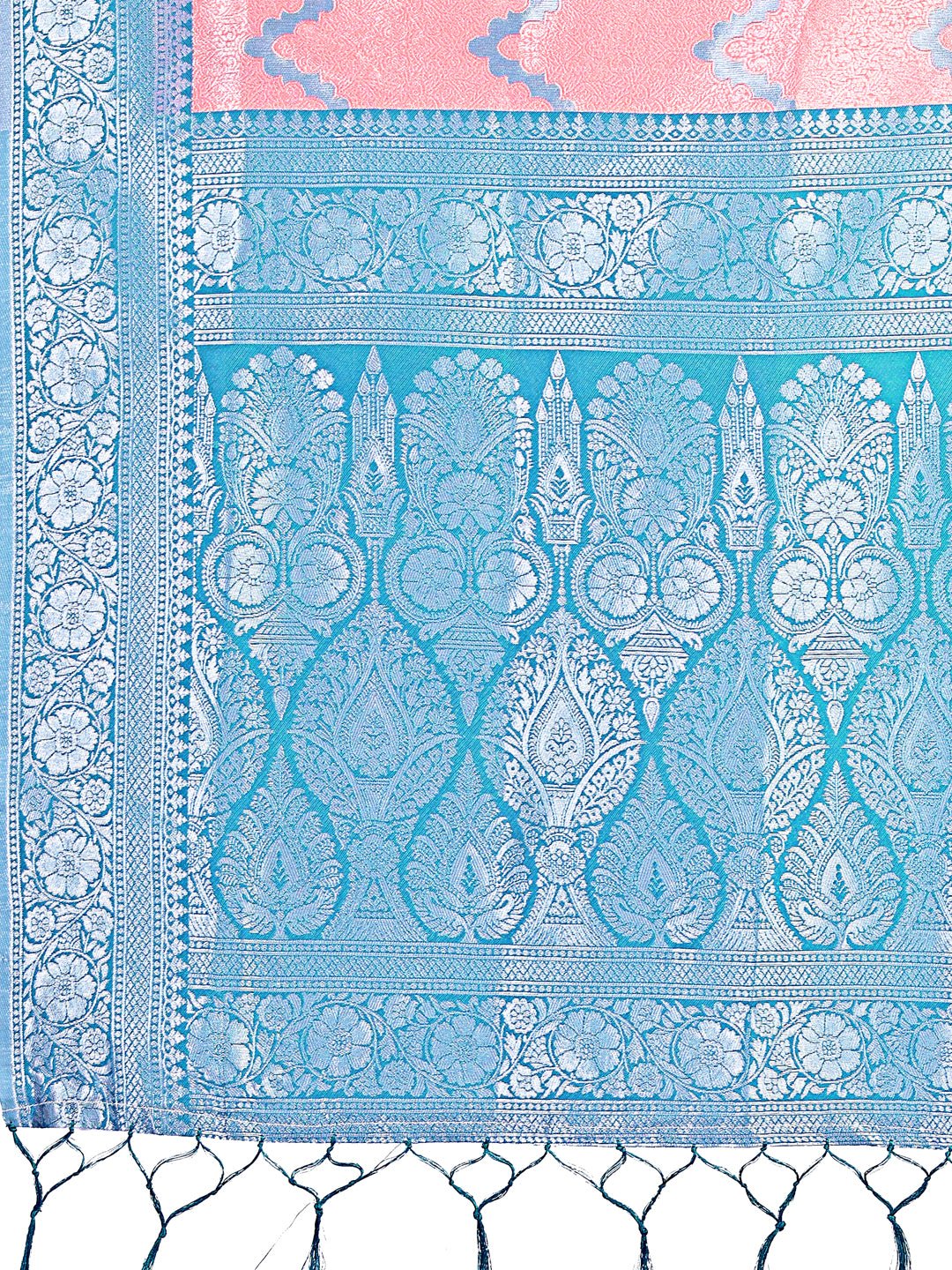 Astita Peach & Blue Lichi Silk Saree with Rich Woven Border and Zigzag Pattern - Wedding & Festive Wear - Distacart