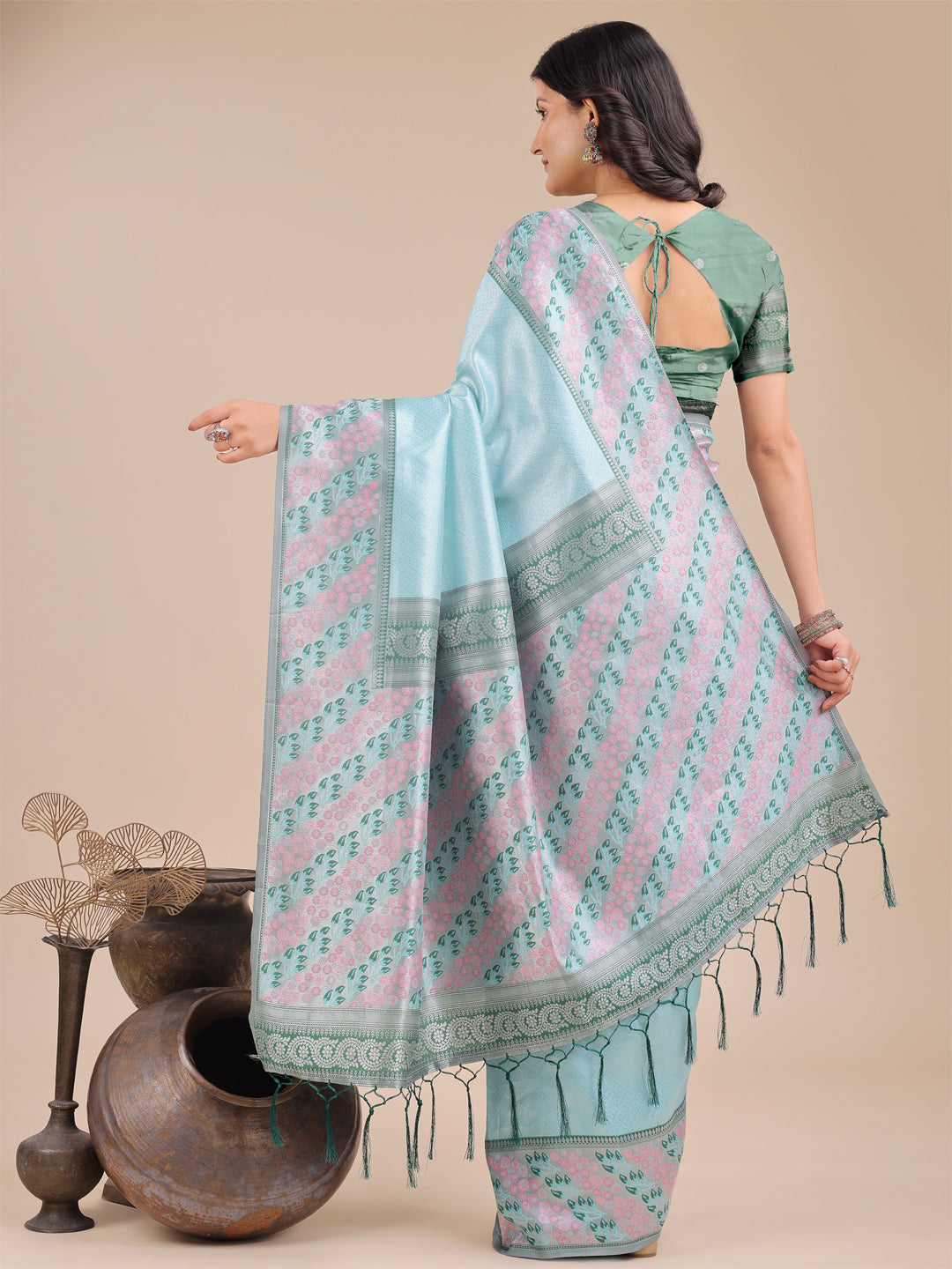 Astita Radiant Teal Silk Saree with Pink & Blue Floral Pattern - Perfect for Weddings & Festive Glamour - Distacart