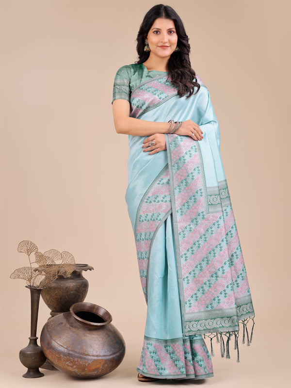 Astita Radiant Teal Silk Saree with Pink & Blue Floral Pattern - Perfect for Weddings & Festive Glamour - Distacart