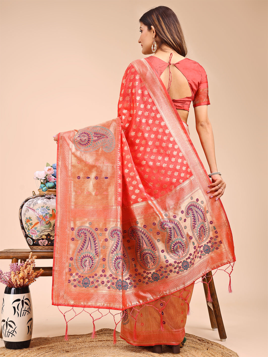 Astita Grace in Every Thread - Peach & Beige Linen Cotton Saree with Royal Paisley Charm - Distacart