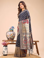 Thumbnail for Astita Grace in Every Thread - Navy Blue & Beige Linen Cotton Saree with Royal Paisley Charm - Distacart