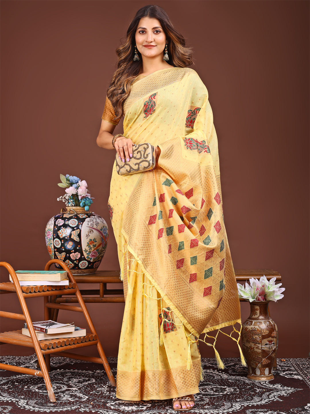 Astita Yellow Jacquard Saree with Tassels - Radiate Soft Elegance and Timeless Beauty - Distacart