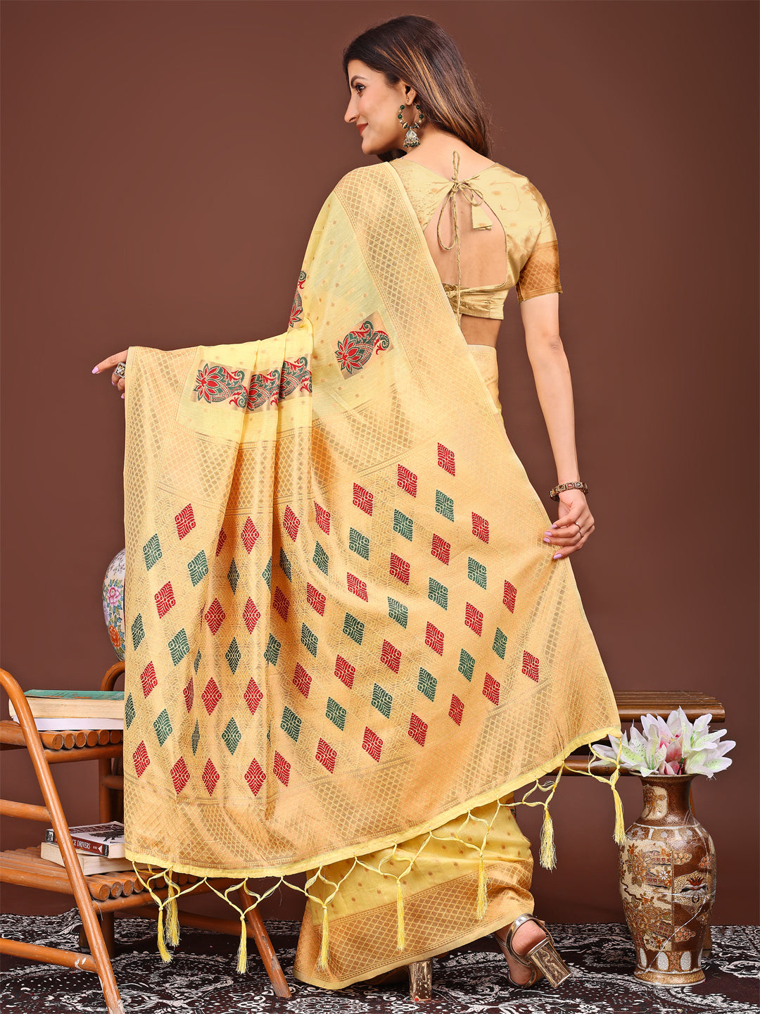 Astita Yellow Jacquard Saree with Tassels - Radiate Soft Elegance and Timeless Beauty - Distacart