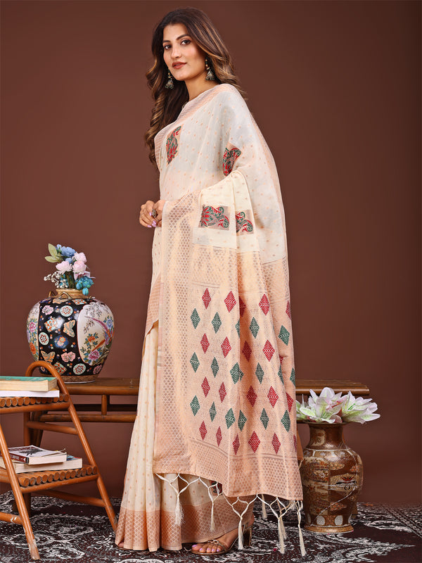 Astita White Jacquard Saree with Tassels - Radiate Soft Elegance and Timeless Beauty - Distacart