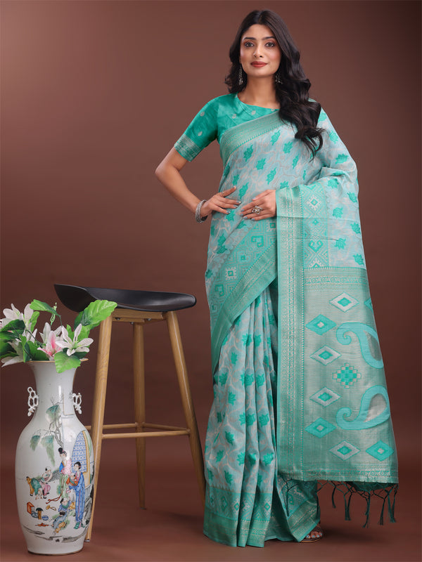 Astita Stylish Green Linen Cotton Saree with Woven Design - Lightweight Elegance for Everyday Grace - Distacart