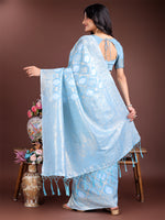 Thumbnail for Astita Sky Blue Cotton Woven Zari Work Traditional Tassel Saree - Distacart