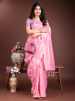 Thumbnail for Astita Pink Cotton Woven Zari Work Traditional Tassel Saree - Distacart