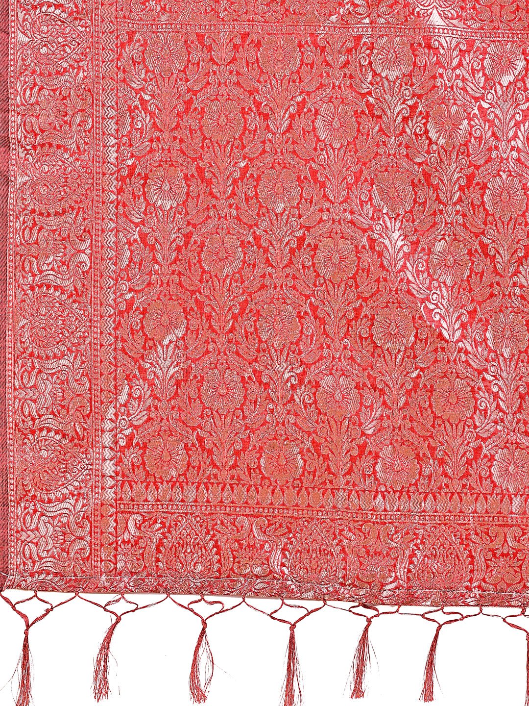 Astita Elegant Red Linen Cotton Saree with Silver Zari Border & Geometric Weave - Daily,Office & Festive Wear - Distacart