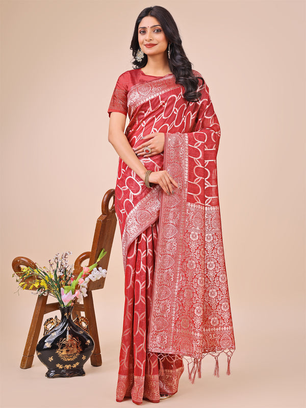 Astita Elegant Red Linen Cotton Saree with Silver Zari Border & Geometric Weave - Daily,Office & Festive Wear - Distacart