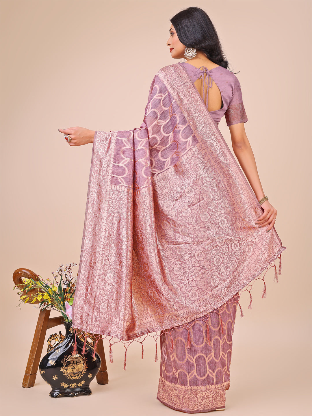 Astita Elegant Purple Linen Cotton Saree with Silver Zari Border & Geometric Weave - Daily,Office & Festive Wear - Distacart
