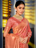 Thumbnail for Astita Graceful Peach Banarasi Silk Saree with Golden Zari Woven Border & Floral Jaal - Wedding & Festive Wear - Distacart