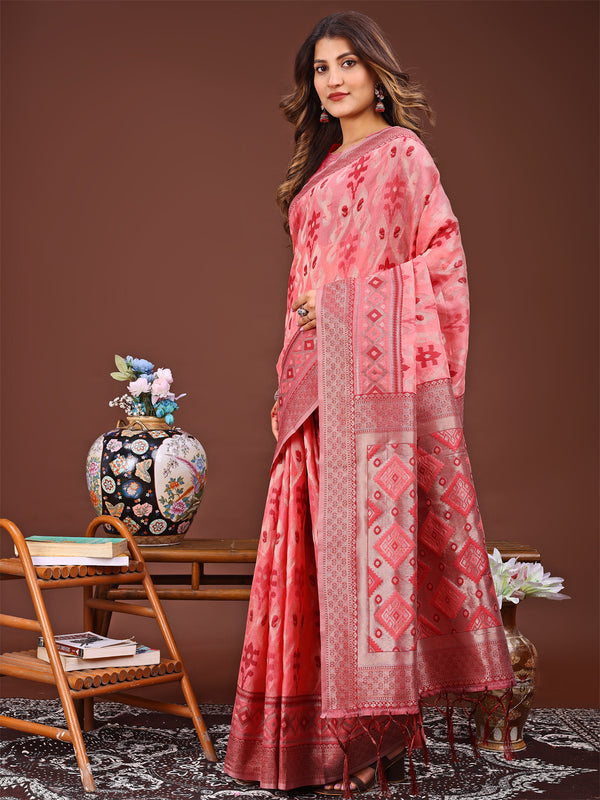 Astita Radiant Peach Linen Cotton Patola Saree - Where Tradition Dances with Elegance - Distacart