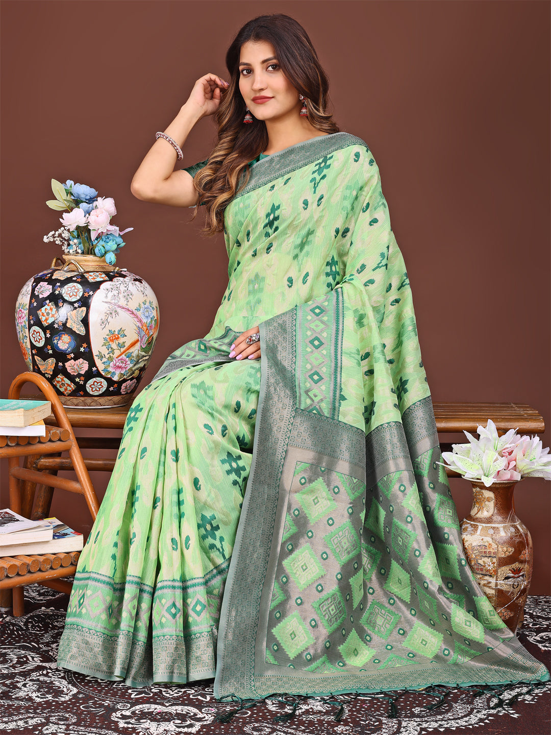Astita Radiant Light Green Linen Cotton Patola Saree - Where Tradition Dances with Elegance - Distacart
