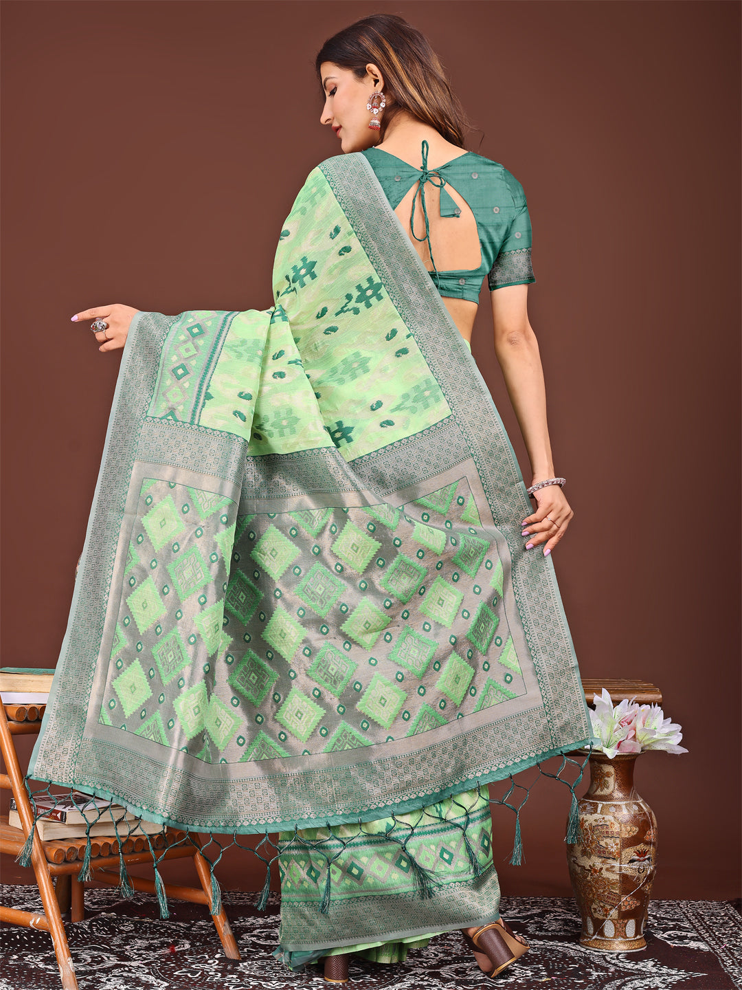 Astita Radiant Light Green Linen Cotton Patola Saree - Where Tradition Dances with Elegance - Distacart