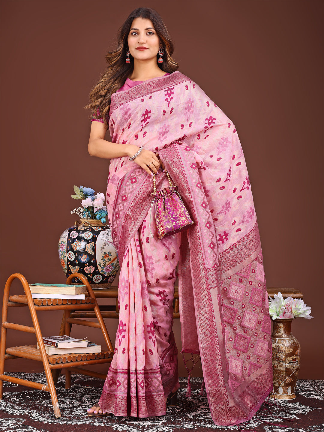 Astita Radiant Pink Linen Cotton Patola Saree - Where Tradition Dances with Elegance - Distacart