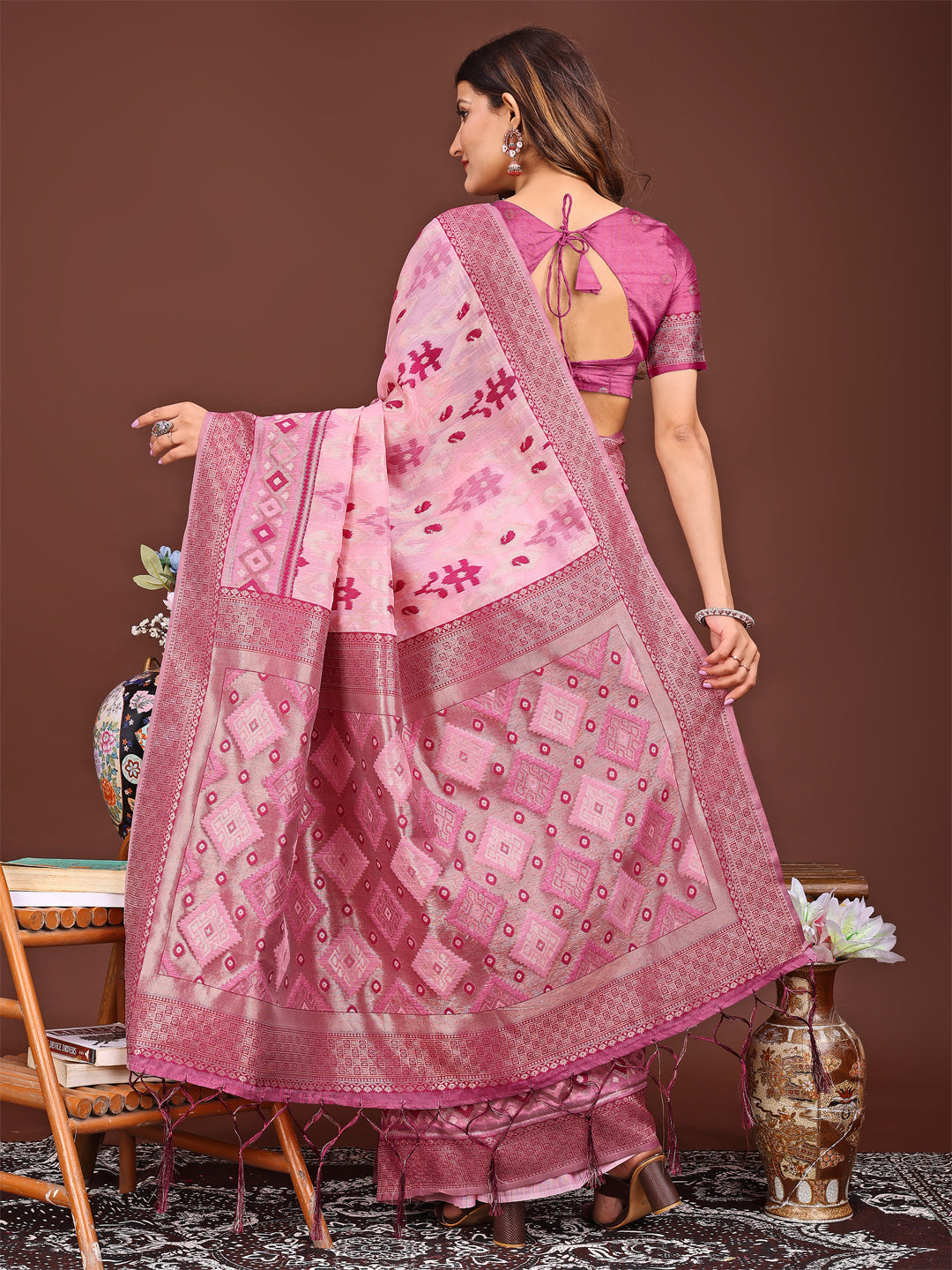Astita Radiant Pink Linen Cotton Patola Saree - Where Tradition Dances with Elegance - Distacart