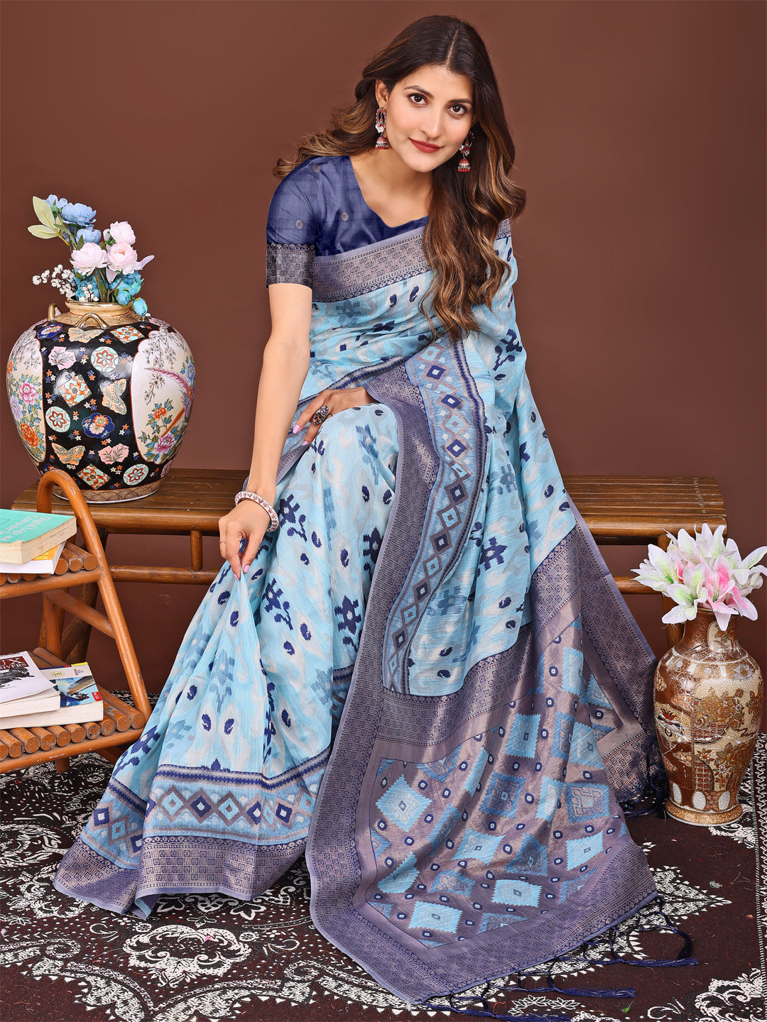 Astita Radiant Sky Blue Linen Cotton Patola Saree - Where Tradition Dances with Elegance - Distacart