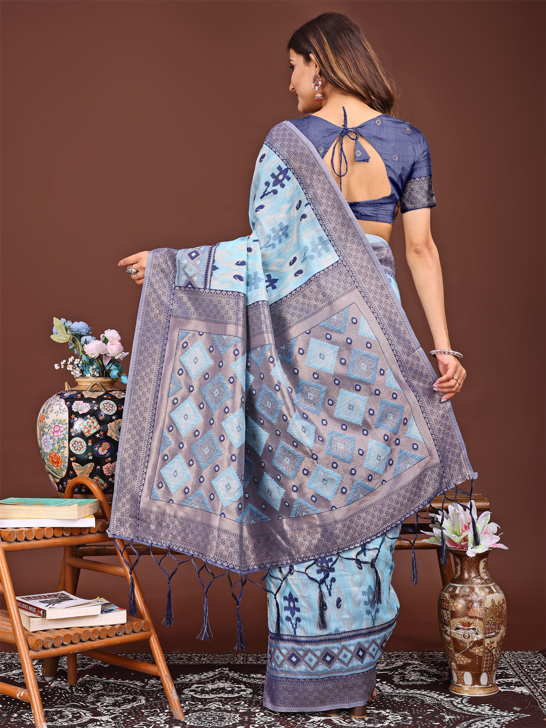 Astita Radiant Sky Blue Linen Cotton Patola Saree - Where Tradition Dances with Elegance - Distacart