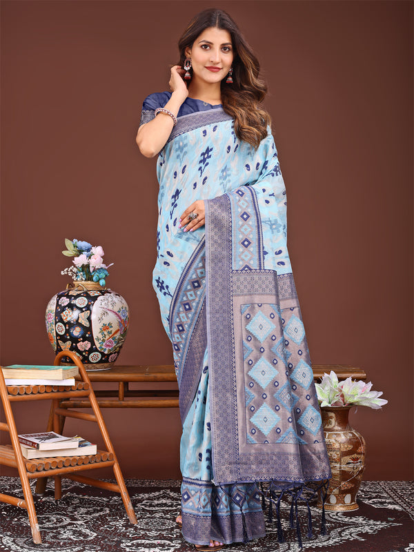 Astita Radiant Sky Blue Linen Cotton Patola Saree - Where Tradition Dances with Elegance - Distacart
