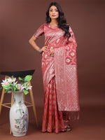 Thumbnail for Astita Elegant Peach Linen Cotton Saree with Silver Zari - Perfect Blend of Comfort & Charm - Distacart
