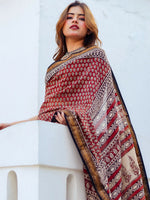 Thumbnail for Zibaa Hand-Blocked Pure Maheshwari Silk Red Saree - Small Motifs