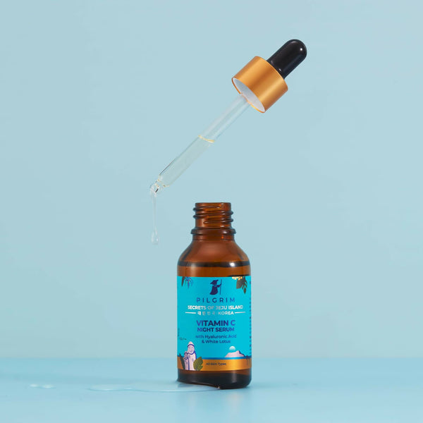 Pilgrim Korean Vitamin C Night Serum for glowing skin with Hyaluronic acid & White Lotus - Distacart