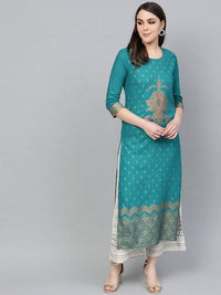 Thumbnail for Anubhutee Peacock Blue Kurta Set with Golden Traditional Motifs - Distacart
