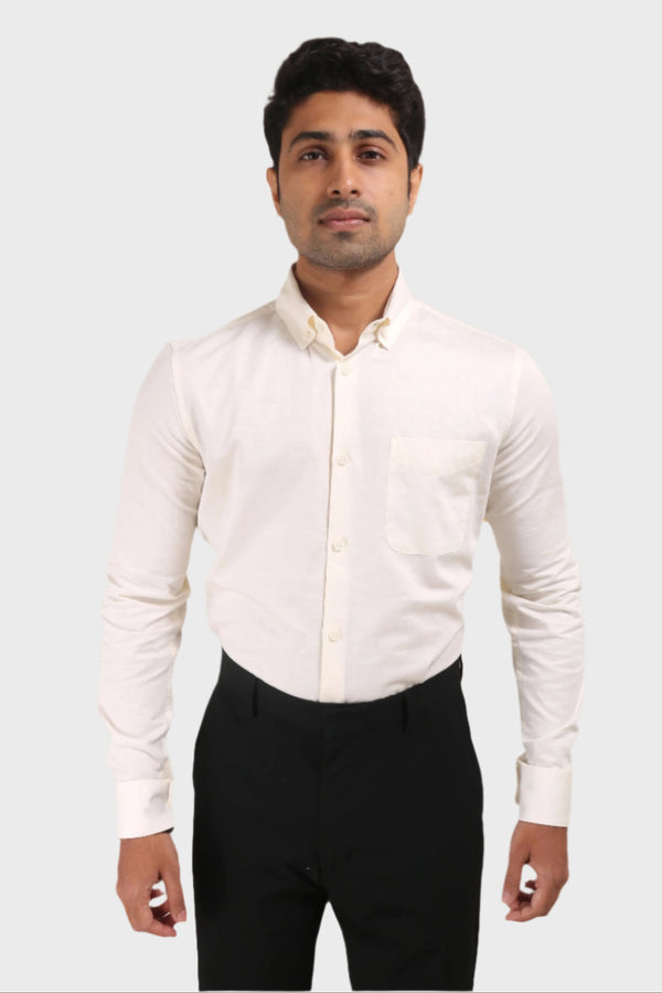 Jonesburg Off White Satin Slub Slim Fit Shirt