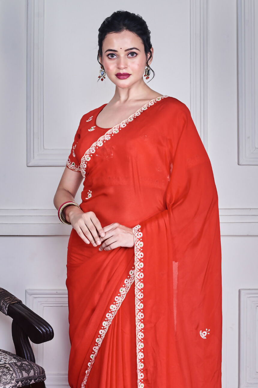 Morchari Red Chiffon Hand Embroidery Saree And Stitched Blouse