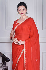 Thumbnail for Morchari Red Chiffon Hand Embroidery Saree And Stitched Blouse
