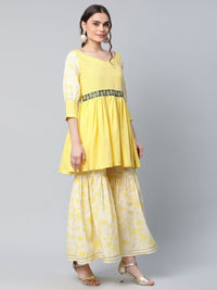 Thumbnail for Ahalyaa Women Yellow Crepe Floral Short Kurta with Sharara Set - Distacart