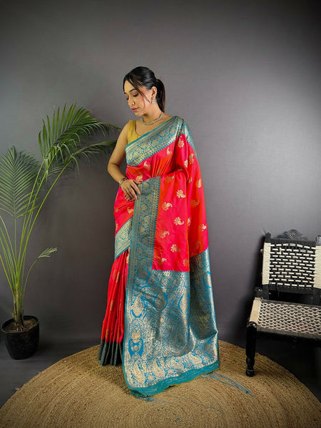Joban Fashion Banarasi Hot Pink Woven Butti Soft Silk Saree