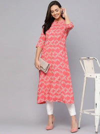 Thumbnail for Anubhutee Coral Pink & Off-White Printed A-Line Kurta - Distacart