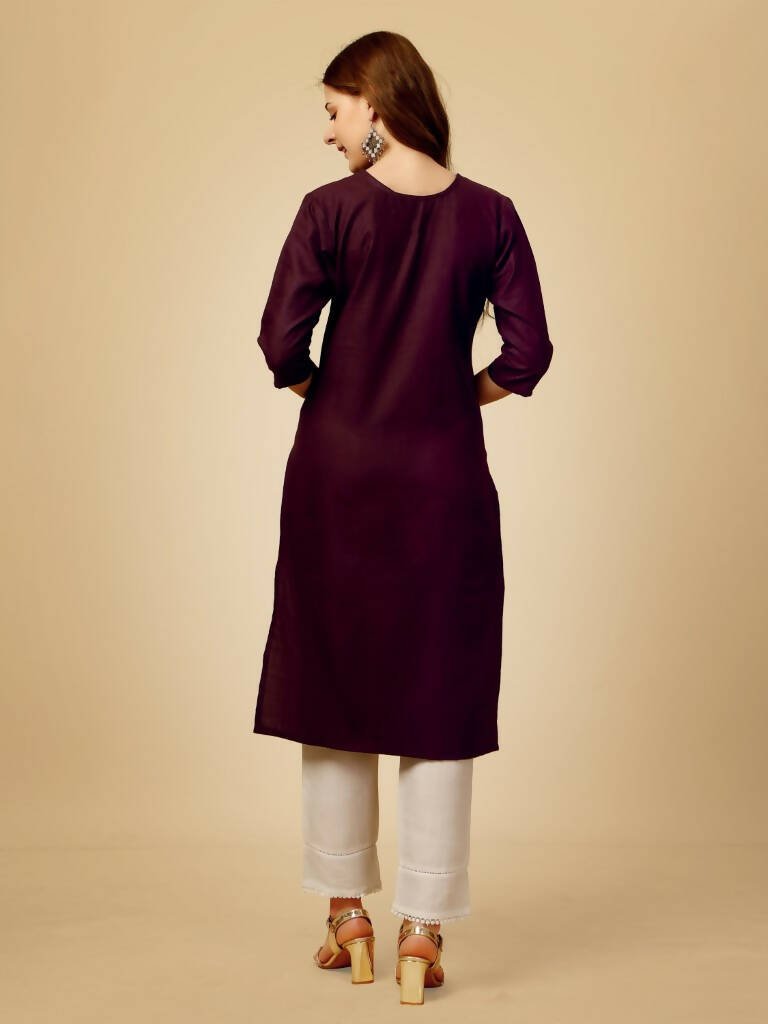 Aastha Fashion Women's Wine Cotton Blend Embroidered Kurta Pant Set - Distacart